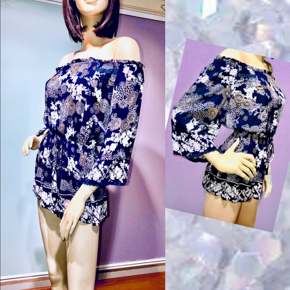 ANGIE • Oriental Print Navy Romper / size (M) - Picture 3 of 6